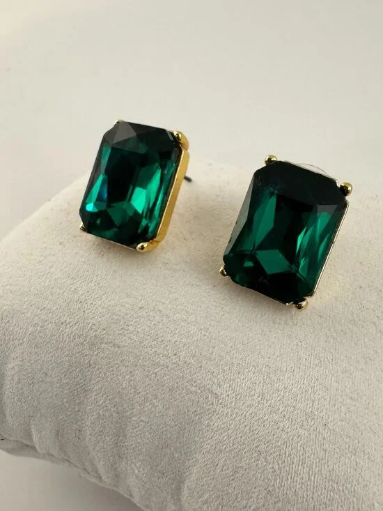 J.Crew Emerald Green Crystal Emerald Cut Stud Earrings Gold Bezel Statement