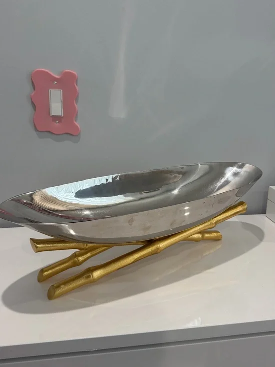 L'Objet Silver Bambou Serving Boat Large 24 x 7