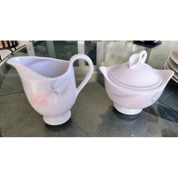 Vintage MIKASA Serenade Pink LDB10 Pedestal Creamer and Sugar Bowl with LID