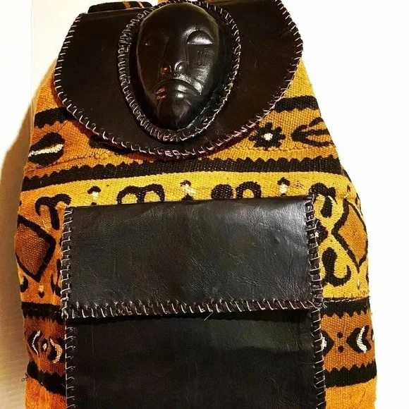Handmade unisex Africa mud cloth leather backpack