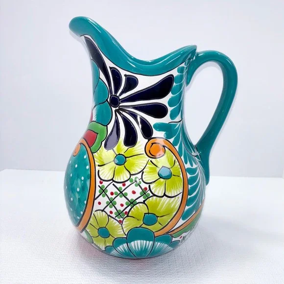Pitcher Vause Ceramic Talavera Hand Painted Made in Mexico Floral Teal Large