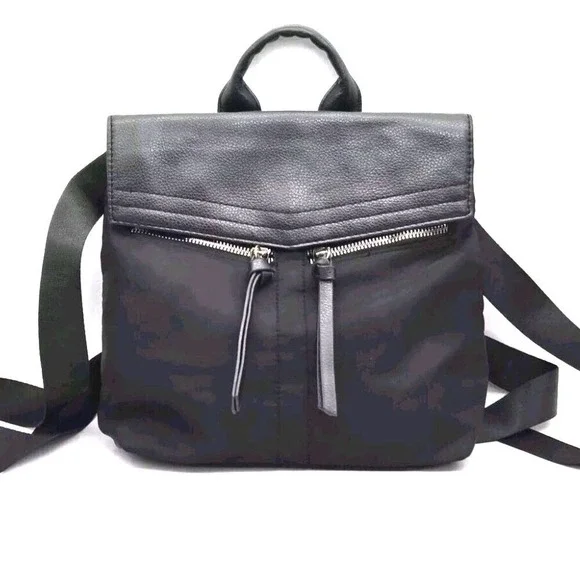 Botkier New York Warren Backpack Black Nylon Pebbled Leather Trim Flap Bag