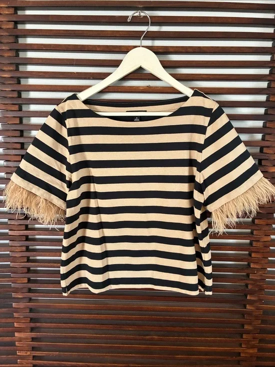 🎉NEW LISTING!🎉J. Crew Black and Beige Striped Short Sleeve Top with Feather Trim
