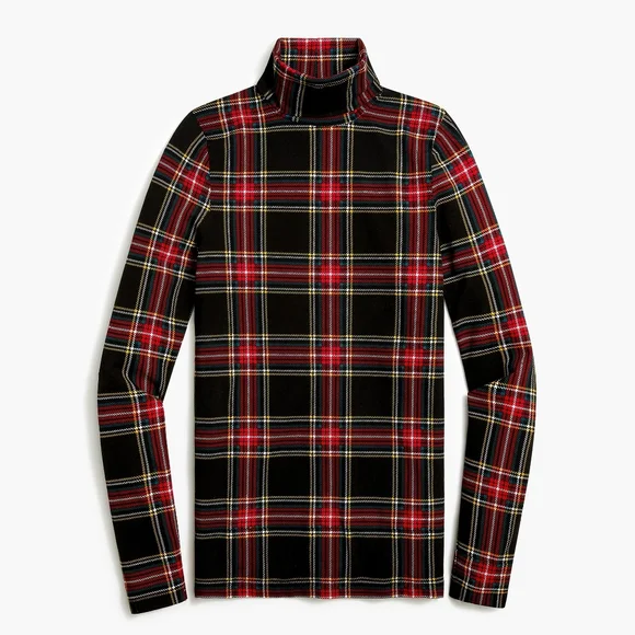 New J.Crew Sz Small S Printed tissue turtleneck Black Tartan plaid Top NWT