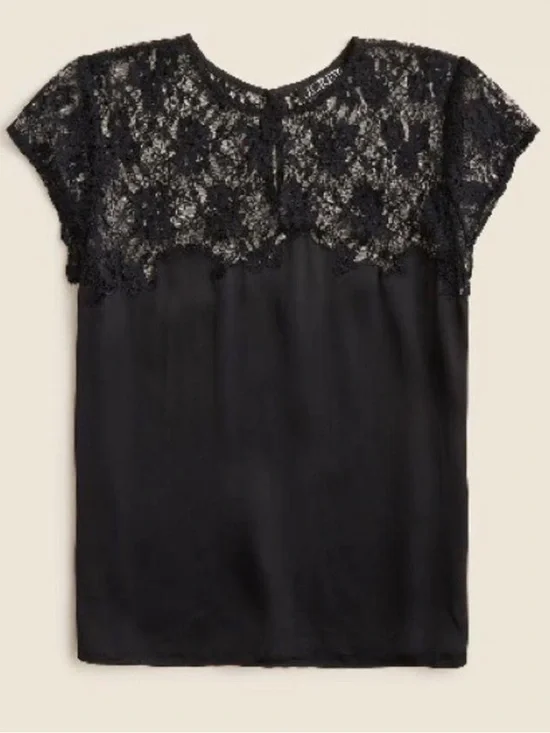 NWT J. Crew Black Satin and Lace Cap Sleeve Sleeve Top