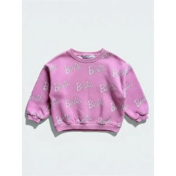 Zara Barbie Girls Sweatshirt Size 2T 2-3Y Pink Allover Logo Crewneck Pullover