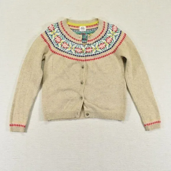 Mini Boden Girls Fair Isle Cardigan Sweater Oatmeal Beige Yoke Button Front 9-10