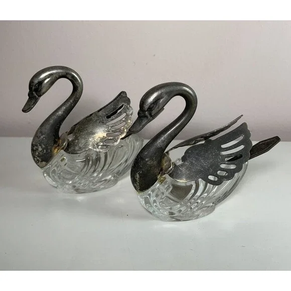 Swan Salt Cellar Silver Plated With Spoons Crystal Glass Tableware Collectible