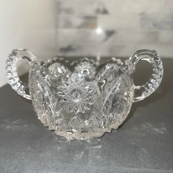 Vtg American Brilliant Period Cut Glass Sugar Bowl Double Handle Sawtooth