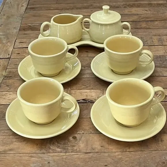 Vtg Fiesta Ware Yellow Set of Creamer Covered Sugar Tray Cups & Saucers