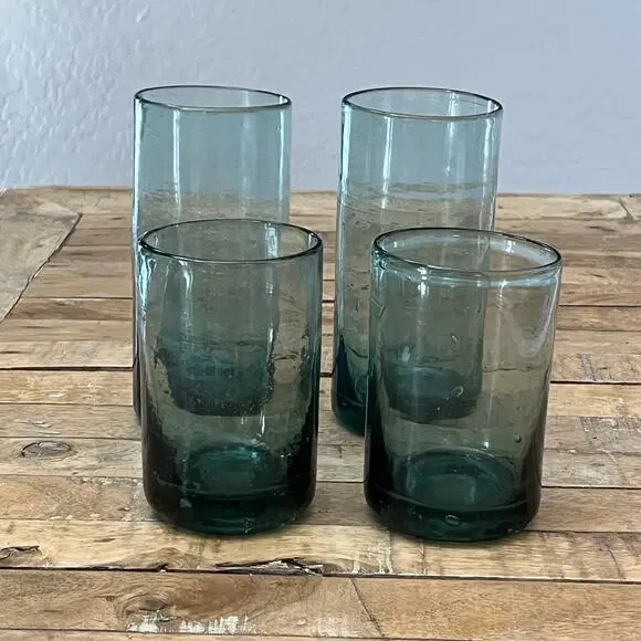 Hand blown Glass Tumblers Set of 4 Clear Teal Blue Bubble Design