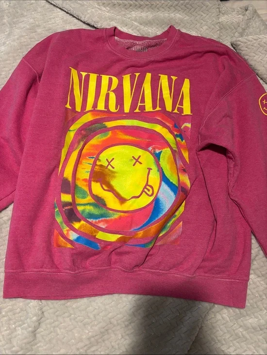 Urban Outfitters Nirvana Magenta Crewneck Sweatshirt with Multicolor Graphic
