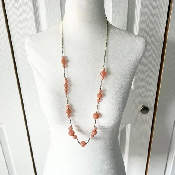 J. Crew Long Pink Peach Salmon Beaded Station Necklace on Gold Tone Chain