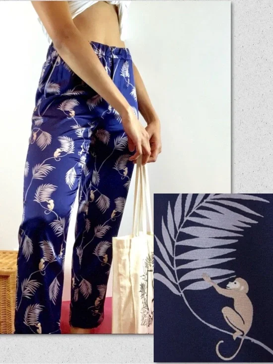 J.Crew Piamita Monkey Palm Print Alexa Silk Pants A3125 Stretch Silk Navy Blue