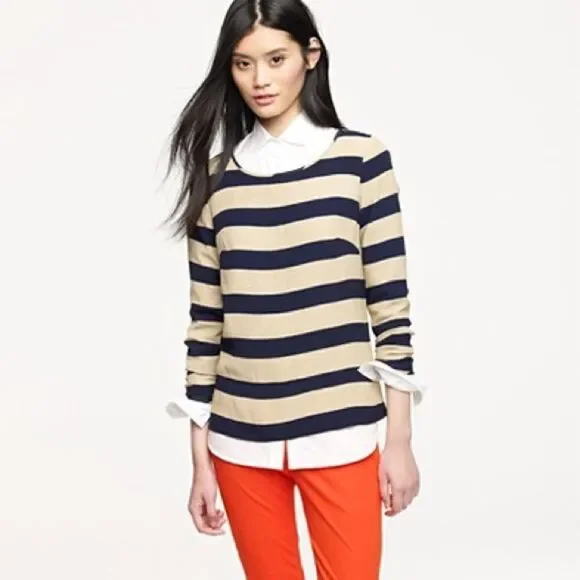J. Crew Scoopneck Blouse in Navy Tan Seine Stripe Size 6