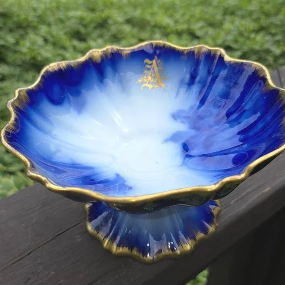 Antique Flow Blue Porcelain Pedestal Compote Bowl Gold Monogram A Scalloped