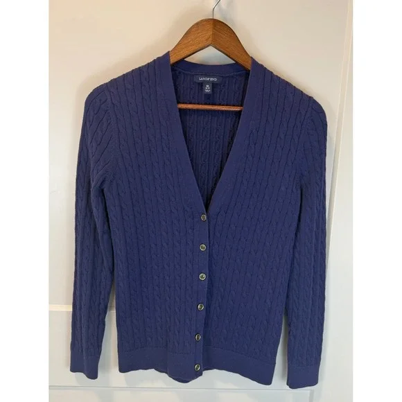 Lands' End Girls Cable Knit Cardigan Medium‎ 10–12 Navy Blue Preppy Academia