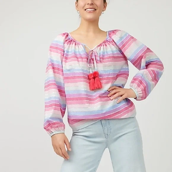 J.‎ CREW boho peasant metallic pastel stripe top