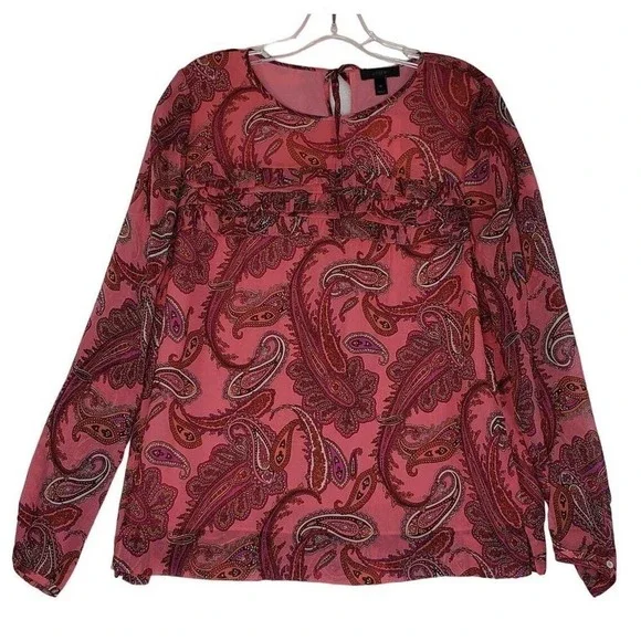 J.Crew Paisley Blouse Womens‎ Size 12 Pink Silk Long Sleeve Ruffle Detail Shirt