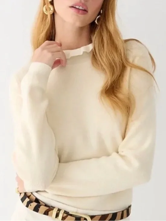 J. Crew Cream Merino Wool Ruffle-Neck Women's Sweater