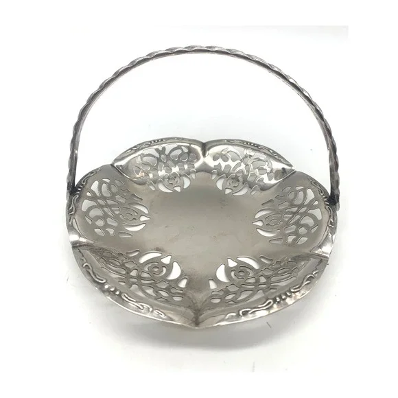 Vintage Leonard Silverplate Bonbon Basket Reticulated Floral Swing Handle 6