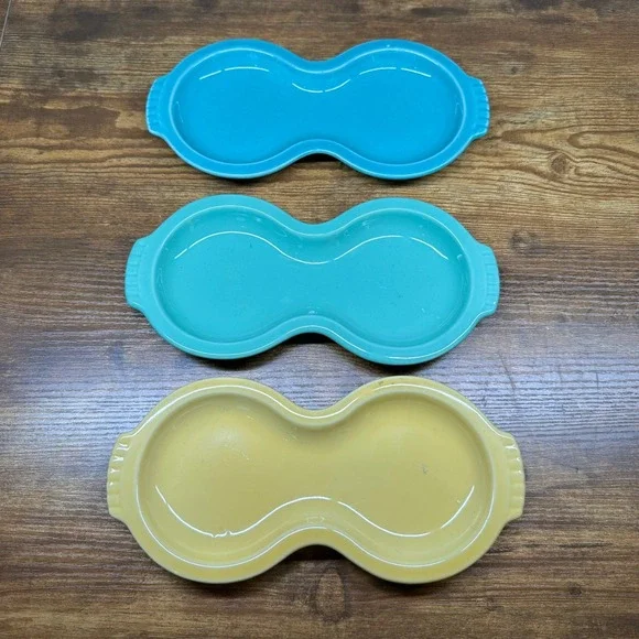 Fiesta HLC USA Figure 8 Relish Trays Set of 3 Blue Turquoise Yellow Ceramic Snac