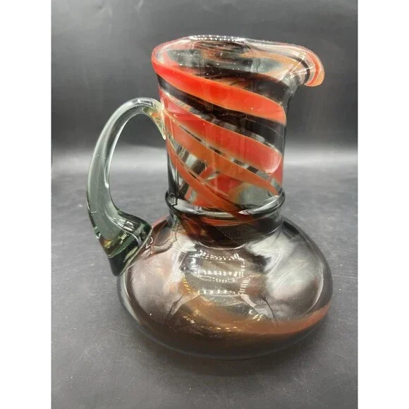 Hand Blown Art Glass Pitcher Amber Brown Swirl Applied Handle 6 1/8” Vase