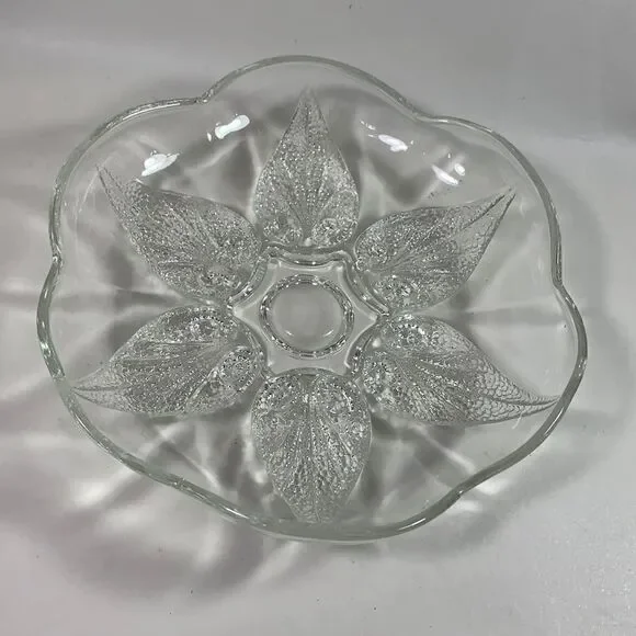 Vintage Glass Serving Trinket Textured Leaves EUC