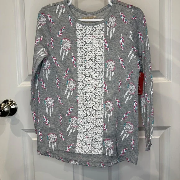 Arizona Jean Co Girls Grey Dreamcatcher Feather Lace‎ Long Sleeve Top Size 5
