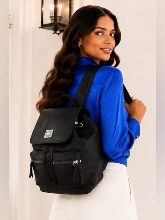 DKNY Damian Black Nylon Flap Laptop Travel Backpack