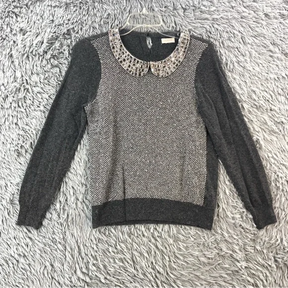 J. Crew Top Womens Small Wool Blend Embellished Gem Collar Chevron Pattern
