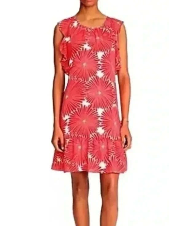 J. Crew Red Sunburst Floral Print Lined Flutter Ruffle Sleeves Dress Size XS NWT