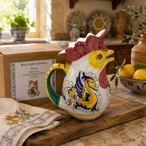 Williams Sonoma Deruta Majolica Raffaellesco Rooster Pitcher Italy Hand Painted