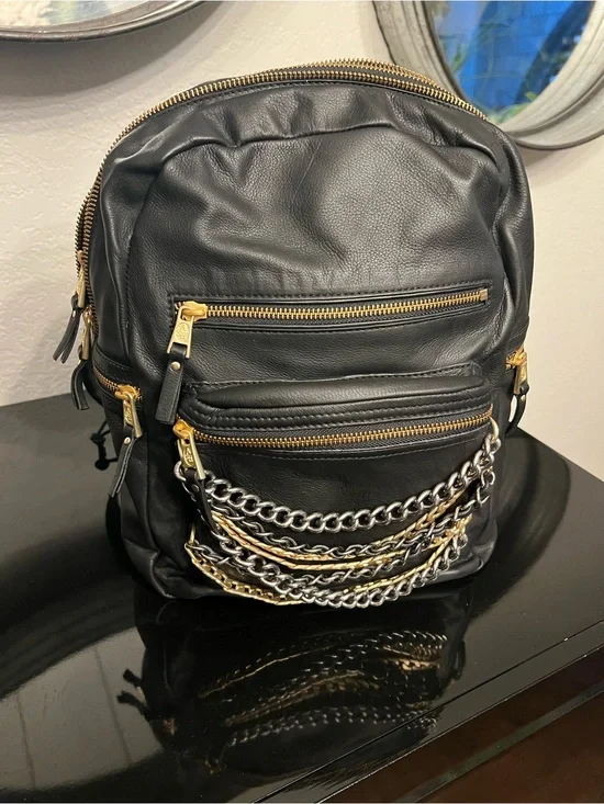 Ash Black Leather Backpack with Gold and Silver Chain Accents
