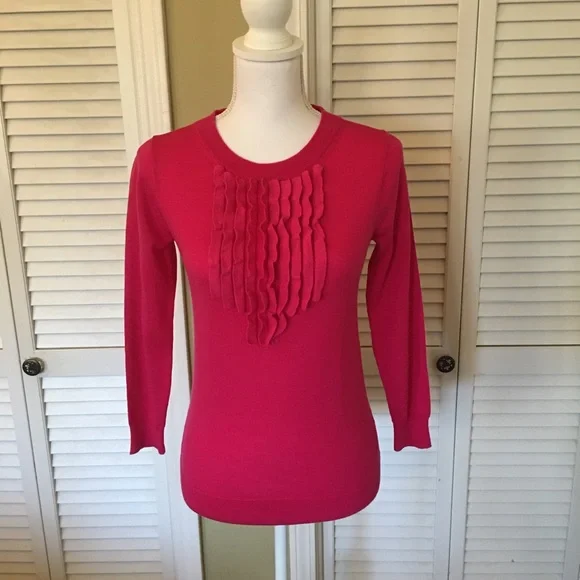 J. Crew Merino Wool Bright Pink Ruffle Sweater Size XS