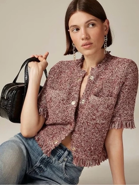 J. Crew Cropped Fringe‎ Trim Short Sleeve Knit Lady Jacket In Marled Yarn Medium