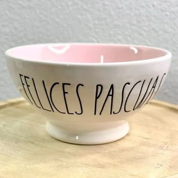 NWT Rae Dunn FELICES PASCUAS Spanish  Español white Pink Glossy Ceramic Bowl