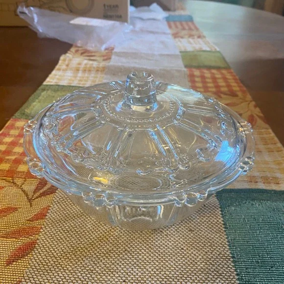 Vintage Clear Pressed Glass Lidded Candy Dish Sunburst Beaded Round Trinket Bowl