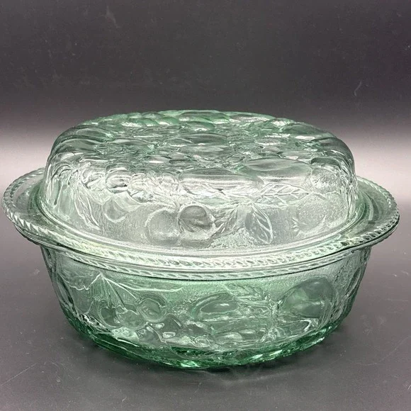 Vintage Libbey Orchard Fruit Green Glass 3-Quart Covered Casserole Ovenproof