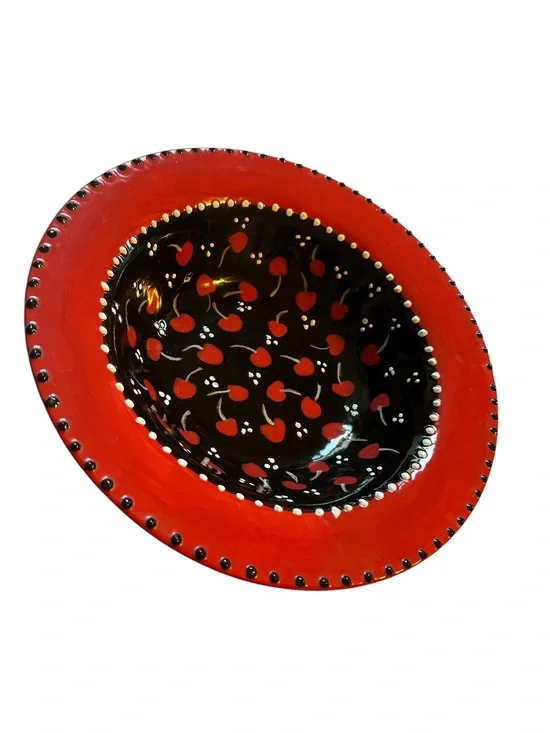 Cherry Fruit Ceramic Serving Bowl Red/Black 11” Farmhouse Cottage Unmarked Gift
