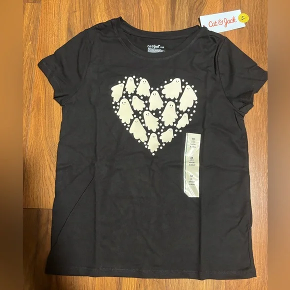 Cat & Jack Girls’ Short Sleeve Halloween Ghost Heart Shirt - Black M
