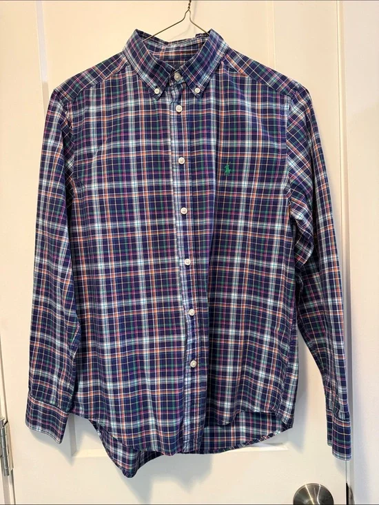 Polo by Ralph Lauren Boys Green & Navy Plaid Button-Down Shirt size L  14/16