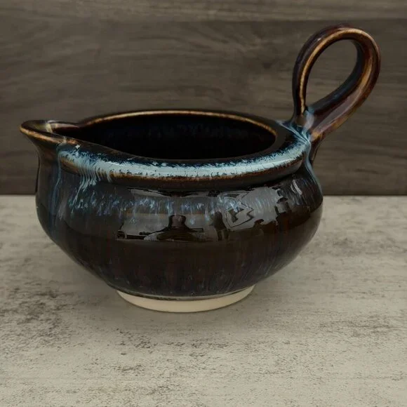 Vintage Bill Campbell Pottery Blue Brown Drip Glaze Gravy Boat Handle Signed 6