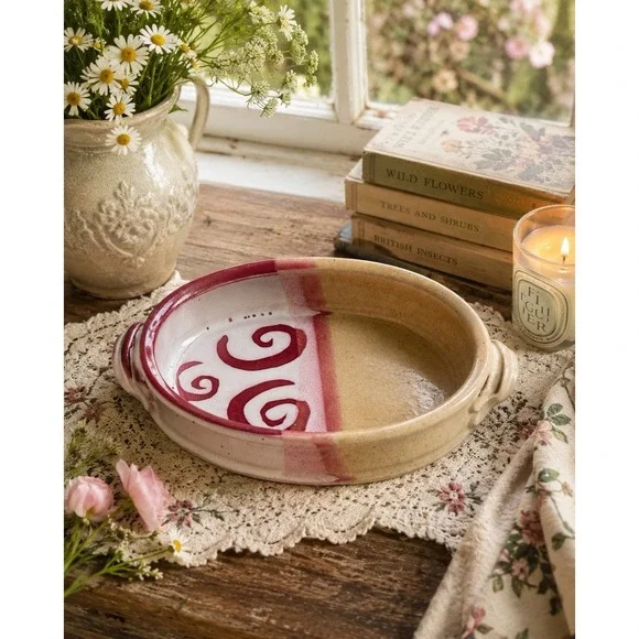 Studio Pottery Covered Casserole Base Dish Pink Swirl Oval Baker No Lid‎ VTG