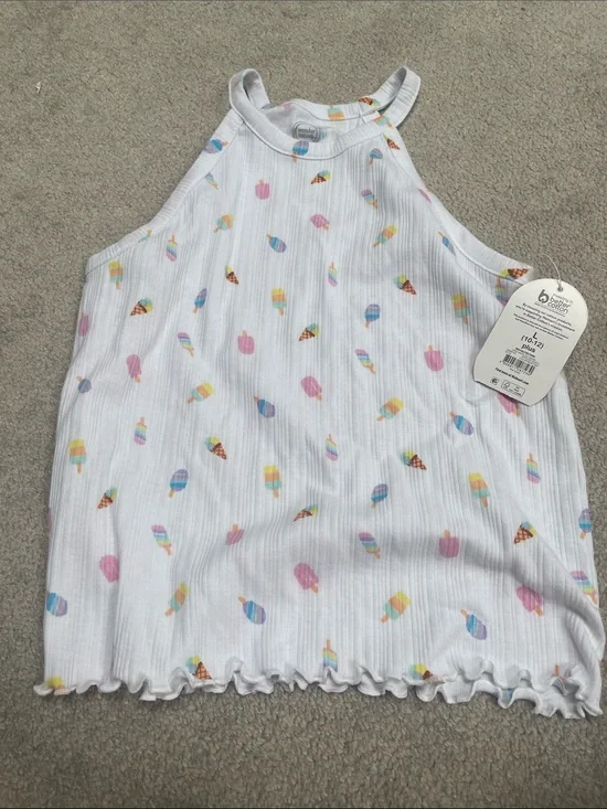 Girls White Ribbed Halter Tank with Pastel Ice Cream Print Girls Large 10-12 NWT