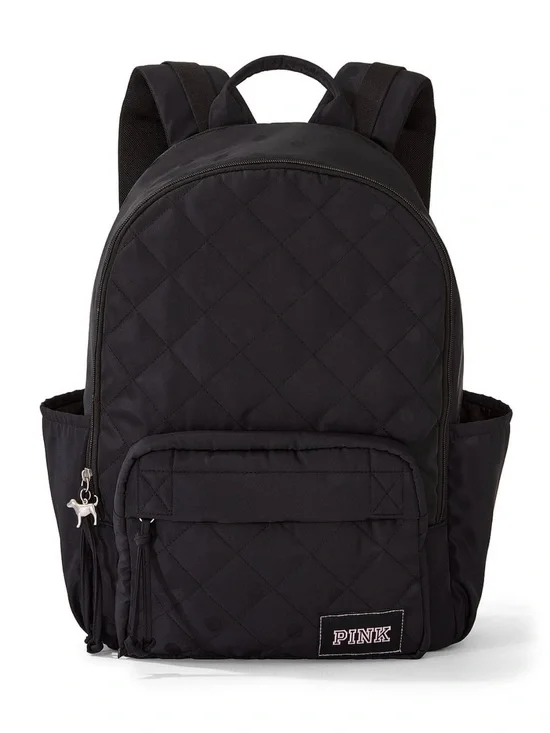 PINK Quilted Black Backpack