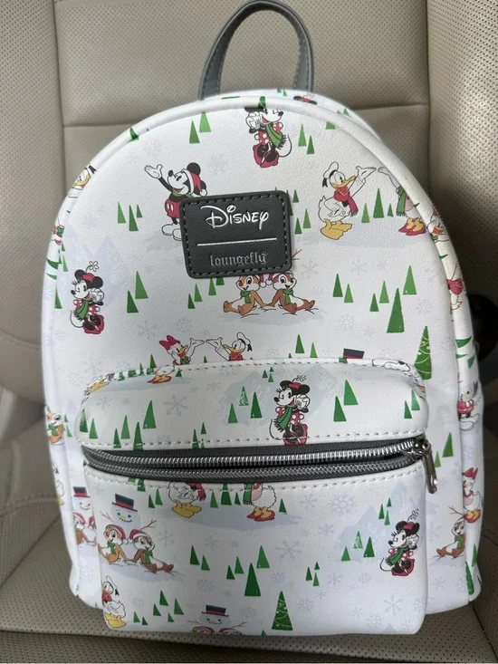 Loungefly Disney Mini Backpack Mickey & Friends Holiday Print White/Gray/Green