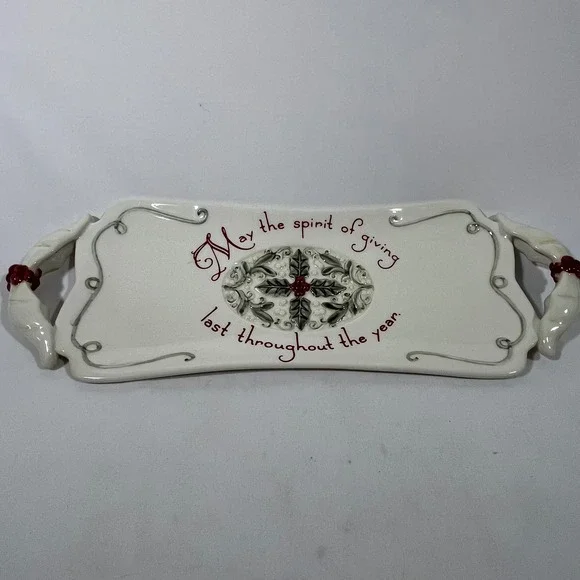 Amscan‎ Ceramic Serving Tray Christmas Holly May Spirit of Giving 15.5x5.5