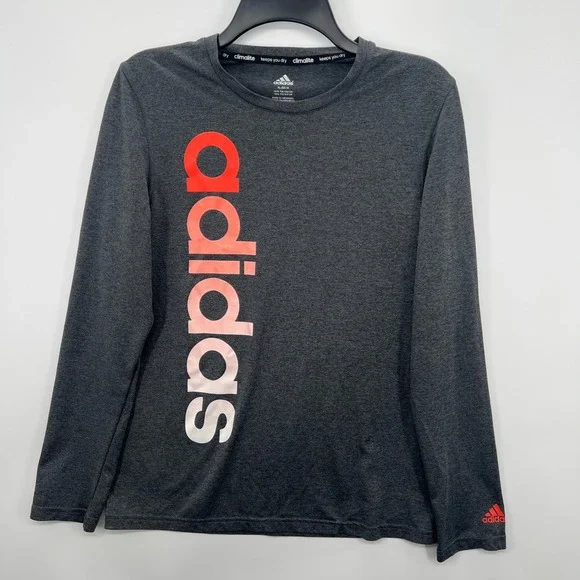 Adidas Spellout Long Sleeve‎ T Shirt ClimaLite Kids XL 18 Grey Athletic