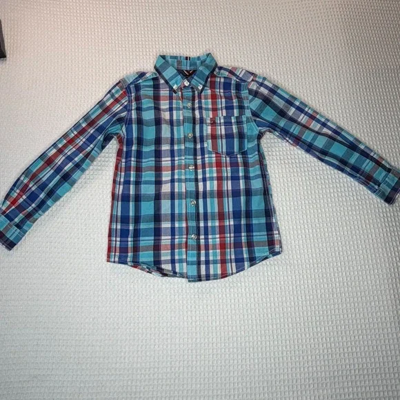Tommy Hilfiger Kids Blue Red Plaid Long Sleeve Button‎ Down Shirt Size 7